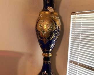 37 inch Cobalt Bavarian blue and gold vase. Czechoslovakia.