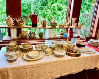 China sets and tea pot collection (London, seaside, floral theme and more).  Haviland sets.  Gold metal chargers.  Lenox and Belleek vases and collectibles.  