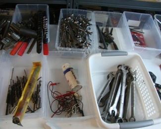 drill bits, open end wrenches, socket sets