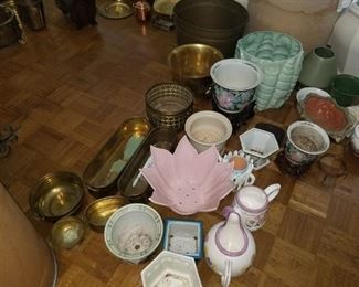 Various planters, teapots and brass 