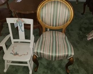 Child's rocker and gold leaf vanity chair 