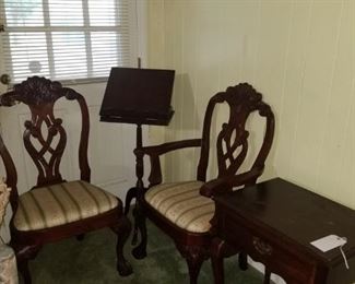 Mahogany end table, pair of cherry chairs and mahogany music stand 