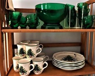 Green Depression glass punch bowl and 23 cups. Mikasa "Festive Season" china
