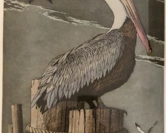 Louisiana Artist John Akers colored etching “Pelican Watch” 19/200