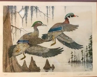 Louisiana artist John Akers artist proof 
Hand colored etching “Wood Ducks” 