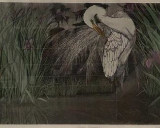 Louisiana artist John Akers 
Hand colored etching “spring Preening” 34/200
