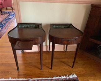 antique planter side tables with pullout coasters.