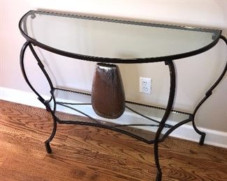 GLASS AND METAL HALF MOON TABLE
43” length x 16” depth x 30.5” height