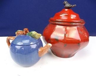 Red Metal Kitchen Jar w Bird Lid Blue Porcelain Apple Tea Kettle