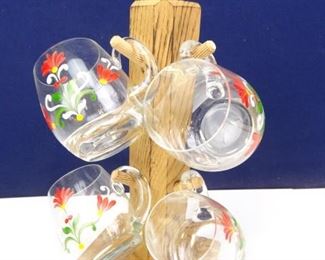Decorative Glass Drinkware with Wood Display Stand