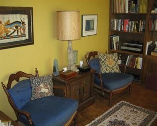 Pair of retro Drexel chairs, end table with Asian figure lamp, 3 piece wood shelf unit with vintage Panasonic Multiplex stereo with turntable