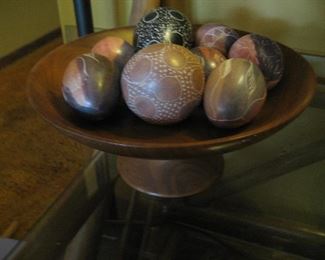 Carved wooden bowl and soapstone Kenyan eggs