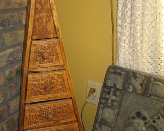 Carved wood triangular box, decorative shield