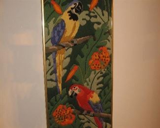 Framed needlework with parrots