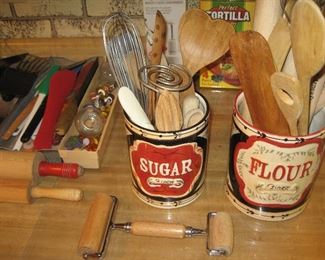 Kitchen utensils, flour and sugar canisters