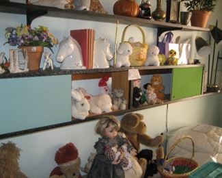 60s shelving with holiday items and collectibles