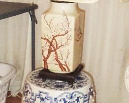 One of two blue and white oriental pieces (matching pair) as well as matching pair of lamps with oriental flair