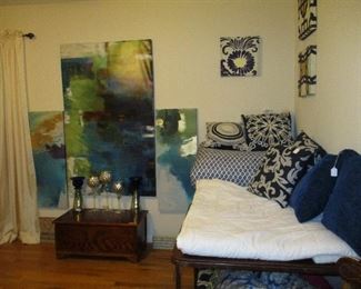 Lots contemporary Blue and White Art and LInens (fun stuff)