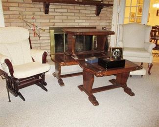 NIce set of 3 Hand carved Tables, Vintage Clocks, nice rocker 