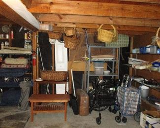 Mobility items, vintage wood tables, baskets, and more fun garage items