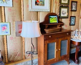 Lots of Painting & Artwork, Antique Floor Lamp, Primitive Pine Cabinet 