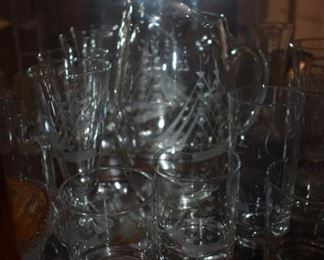 Beautifully Etched Crystal Pitcher and Matching Glasses