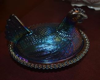 Vintage Carnival Glass Hen in a Basket
