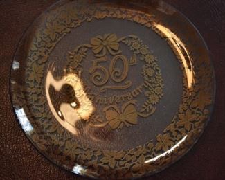 Vintage Clear Glass with Gold Lettering 50th Wedding Anniversary Plate