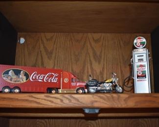 Vintage Metal Coca Cola Truck, Texaco Sky Chief Gas Pump, and Harley Davidson