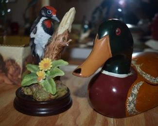 Beautiful Porcelain Bird Figurine and Gorgeously Carved Wooden Duck.
