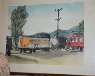Vintage Water Color of "Days Gone By"  featuring old Trains and a Street Car