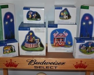 Vintage Snow Village Dept 56 Collectible 4th of July Figurines in Original Boxes - Also showing is a Budweiser Select Wooden Tray Stand