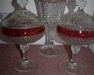 Vintage Ruby Red and Clear Cut Glass Compotes, Lidded Candy Dish  and Vase