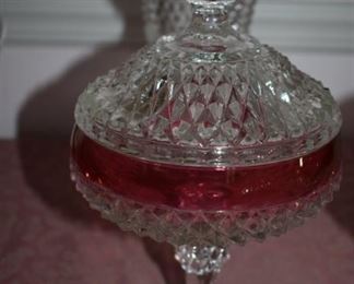 Vintage Ruby Red and Clear Cut Glass Compotes, Lidded Candy Dish  and Vase