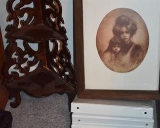 Pierced Wood Corner Shelf in Victorian Style plus Framed Art of Mother and Daughter