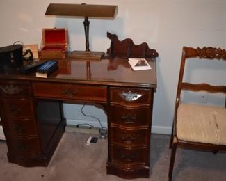 Knee Hole Desk with Brass Desk Lamp, Carved Back Chair and more!