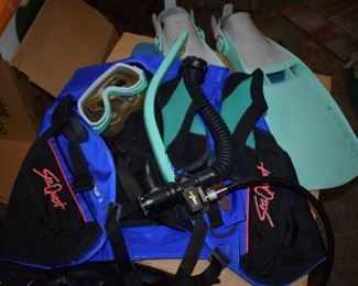 Scuba Diving Equipment Vest, Breathing Apparatus, Snorkels, Fins, Mask, Bag, Slip-on's for your feet.