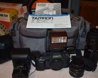 Canon T70 Camera with Canon Speedlite 277T, and a Complete Set of Tamron Lenses and Case, in Beautiful Condition!
