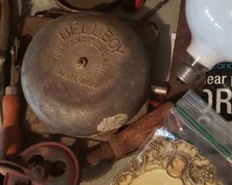 garage, tools, vintage school bell