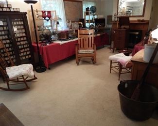 LIVING ROOM WITH ANTIQUES, COLLECTIBLES, PLAYER PIANO AND MORE