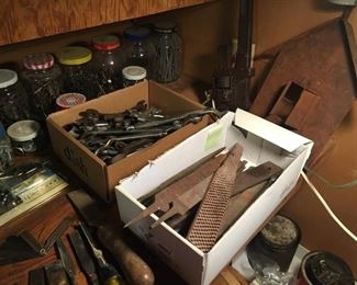 Files of all sizes and types, How fun is that rusty gold church thingie? Wrenches galore and other random fun stuff.