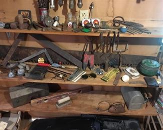 Vintage square, measuring tapes, straight razors, cast iron iron, clamps,vintage toolbox, vintage lunchbox, and SO SO MUCH!