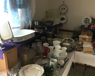 Misc. kitchen items including 3 sets of milk glass snack sets and enamel pots and roaster