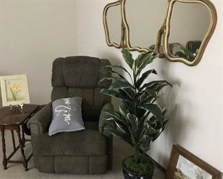 Gate leg end table, artificial plant and beautiful large mirror