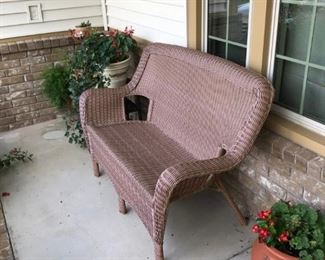 Plastic wicker bench with seat pad, Many nice outdoor plants and pots
