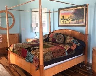 Scan design king size 4 poster bed with mother of pearl inlay headboard