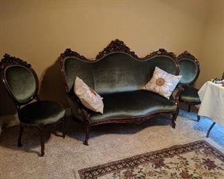 6 piece set Louise Xiv style sofa and 5 chairs including 1 arm chair. Rosewood completely refurbished. Stuffed with grey horse hair. Fabric is acrylic feels amazing. Acquired from opera house in natchitoches