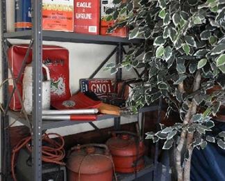 METAL SHELF, GAS CANS
