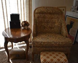 ACCENT TABLE, UPHOLSTERED CHAIR & STOOL