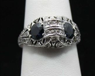 14K White Gold Sapphire and Diamond Vintage Ring